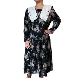 EMJ Puritan Collar Day Dress Womens Size 14 Petite Black Floral Vintage 80s